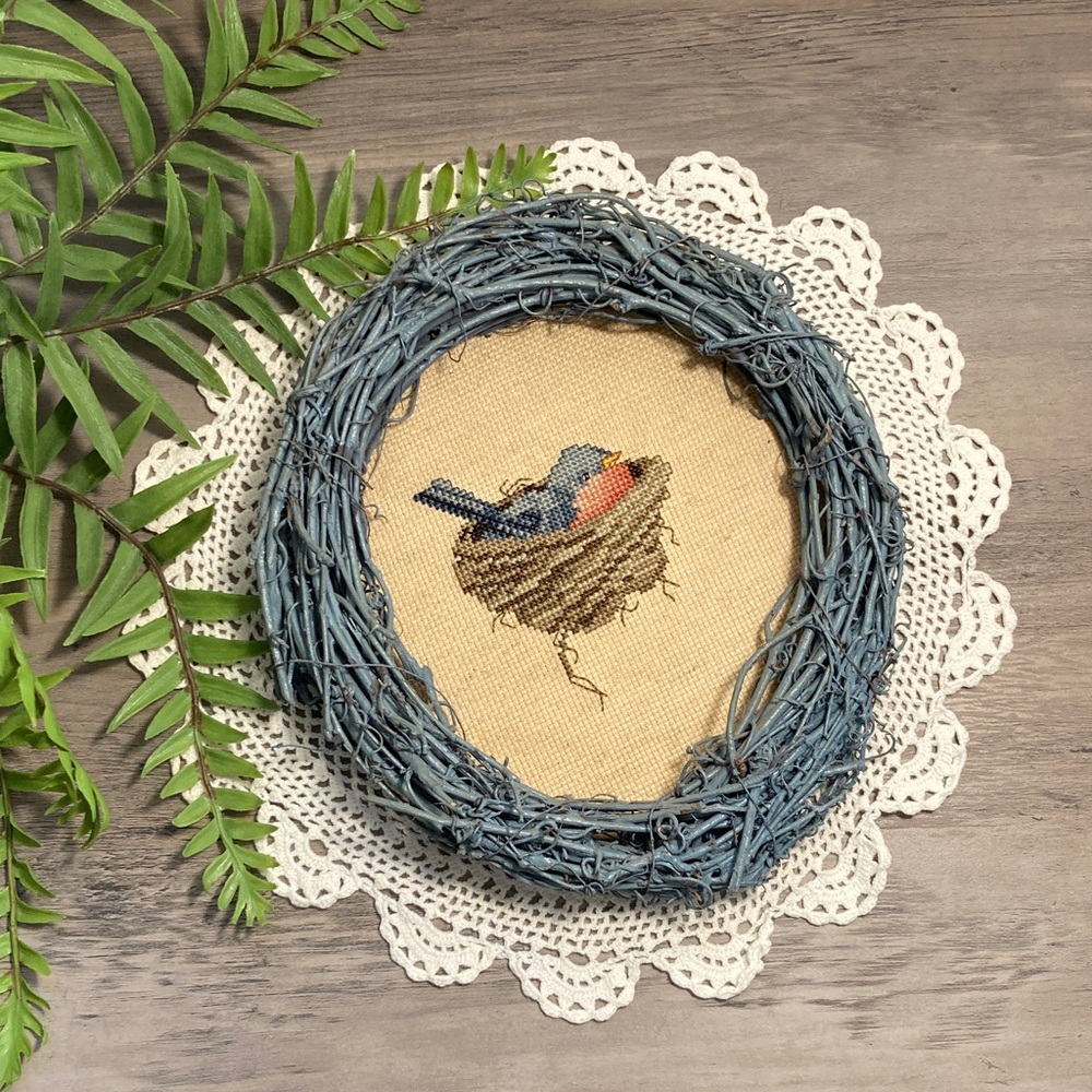 Vintage Blue Bird In Nest Cross Stitch Framed In Grapevine Wreath